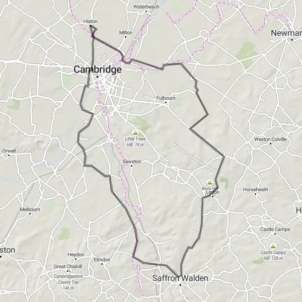 Map miniature of "Road Cycling in Cambridgeshire" cycling inspiration in East Anglia, United Kingdom. Generated by Tarmacs.app cycling route planner