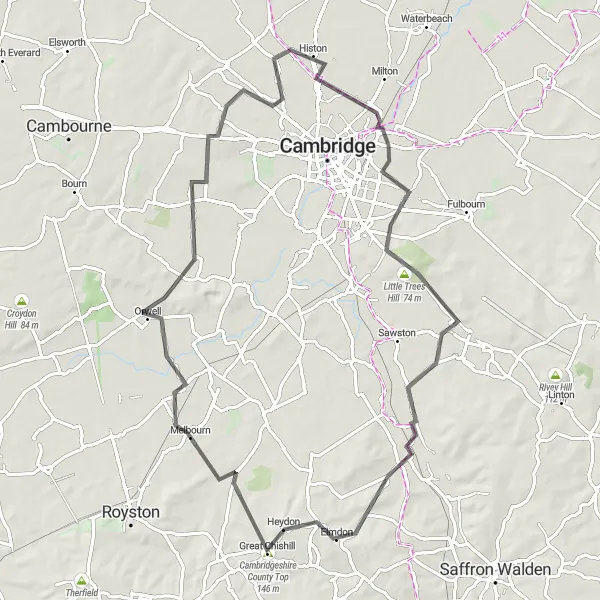 Map miniature of "Scenic Road Cycling in Cambridgeshire" cycling inspiration in East Anglia, United Kingdom. Generated by Tarmacs.app cycling route planner