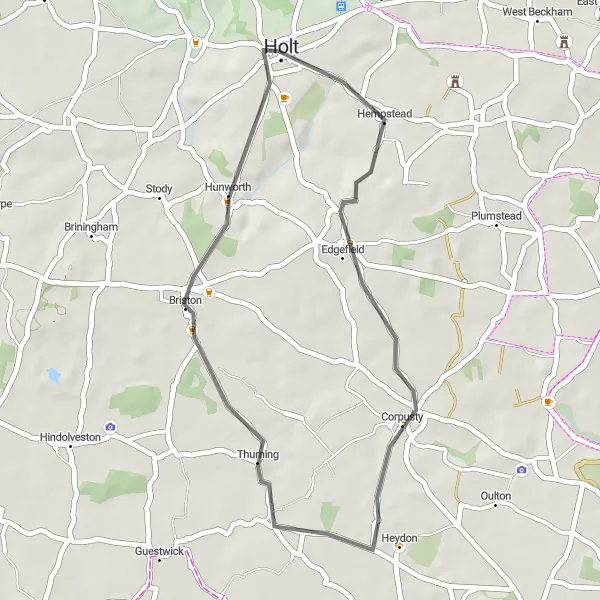 Map miniature of "The Holt Countryside Loop" cycling inspiration in East Anglia, United Kingdom. Generated by Tarmacs.app cycling route planner