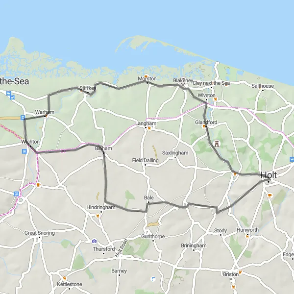 Map miniature of "Hidden Gems of North Norfolk" cycling inspiration in East Anglia, United Kingdom. Generated by Tarmacs.app cycling route planner