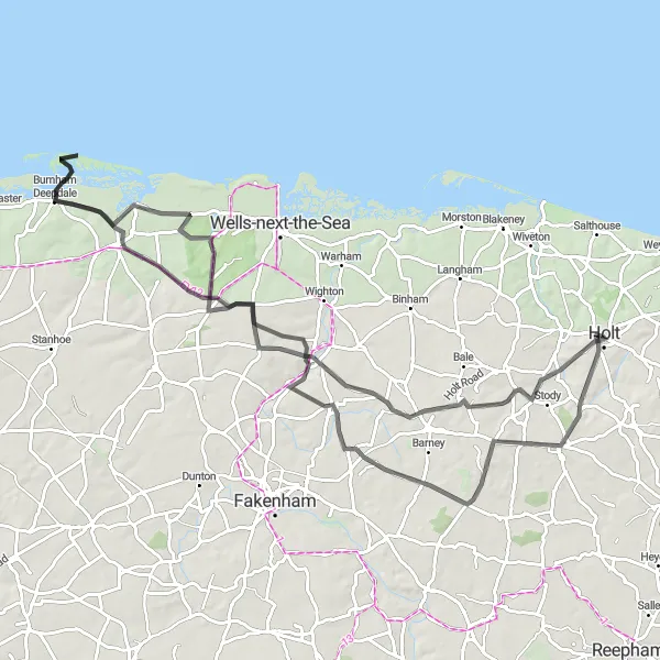 Map miniature of "Coastline, Countryside, and Cultural Delights" cycling inspiration in East Anglia, United Kingdom. Generated by Tarmacs.app cycling route planner