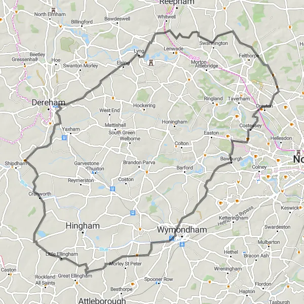 Map miniature of "Cranworth Discovery" cycling inspiration in East Anglia, United Kingdom. Generated by Tarmacs.app cycling route planner