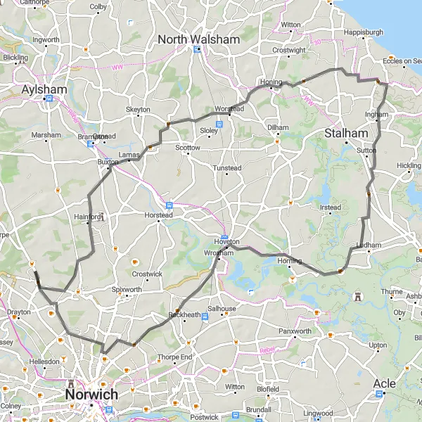 Map miniature of "Stratton Strawless Loop" cycling inspiration in East Anglia, United Kingdom. Generated by Tarmacs.app cycling route planner