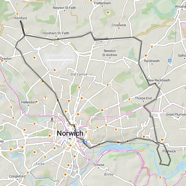 Map miniature of "Spixworth Spin" cycling inspiration in East Anglia, United Kingdom. Generated by Tarmacs.app cycling route planner