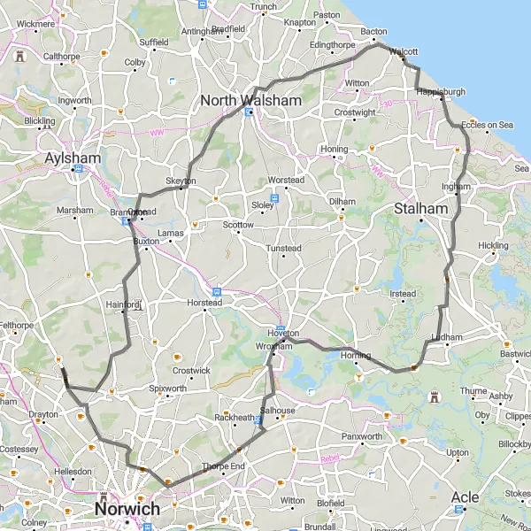 Map miniature of "Norfolk Villages Circuit" cycling inspiration in East Anglia, United Kingdom. Generated by Tarmacs.app cycling route planner