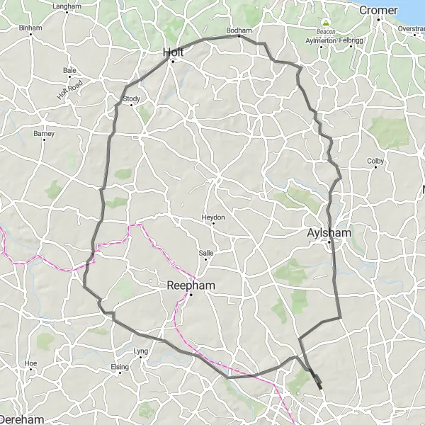 Map miniature of "Exploring North Norfolk" cycling inspiration in East Anglia, United Kingdom. Generated by Tarmacs.app cycling route planner