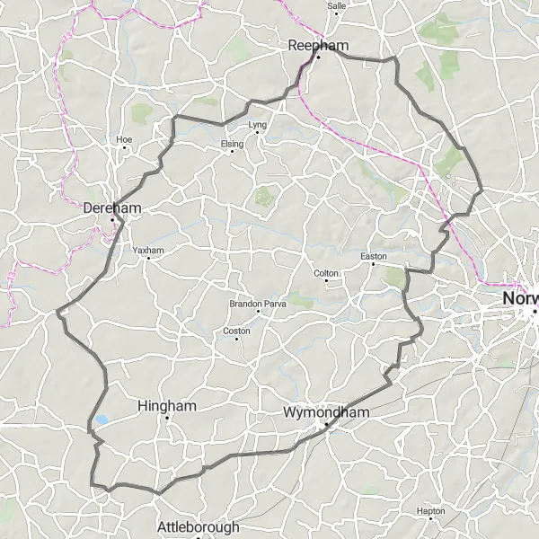 Map miniature of "Horsford Loop" cycling inspiration in East Anglia, United Kingdom. Generated by Tarmacs.app cycling route planner