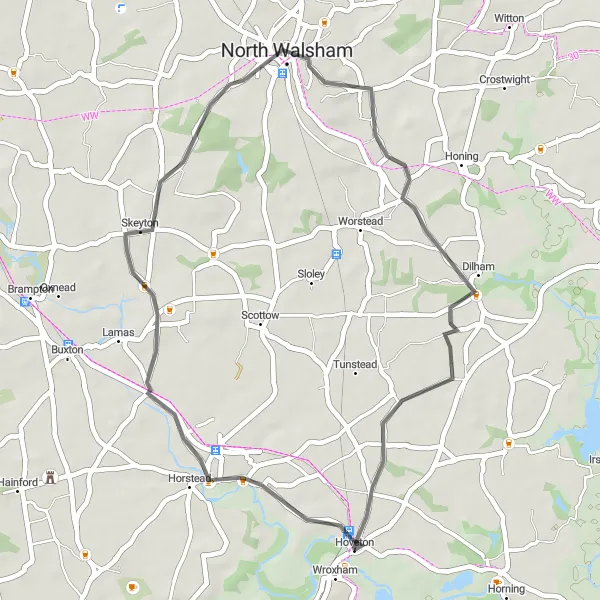 Map miniature of "Hoveton Loop" cycling inspiration in East Anglia, United Kingdom. Generated by Tarmacs.app cycling route planner