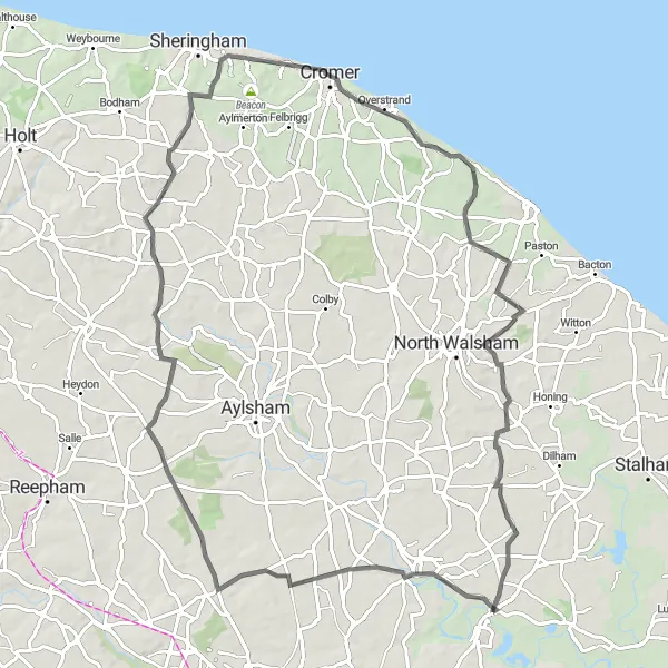 Map miniature of "Explore North Norfolk" cycling inspiration in East Anglia, United Kingdom. Generated by Tarmacs.app cycling route planner