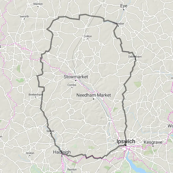 Map miniature of "Suffolk Sea and Countryside" cycling inspiration in East Anglia, United Kingdom. Generated by Tarmacs.app cycling route planner