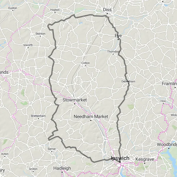 Map miniature of "The Suffolk Spin" cycling inspiration in East Anglia, United Kingdom. Generated by Tarmacs.app cycling route planner