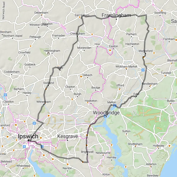 Map miniature of "Suffolk Heritage Circuit" cycling inspiration in East Anglia, United Kingdom. Generated by Tarmacs.app cycling route planner