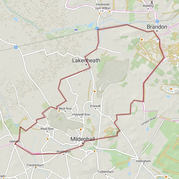 Map miniature of "The Gravel Loop" cycling inspiration in East Anglia, United Kingdom. Generated by Tarmacs.app cycling route planner