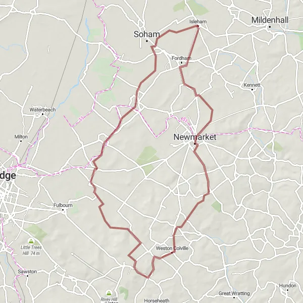 Map miniature of "The Newmarket and Burwell Adventure" cycling inspiration in East Anglia, United Kingdom. Generated by Tarmacs.app cycling route planner