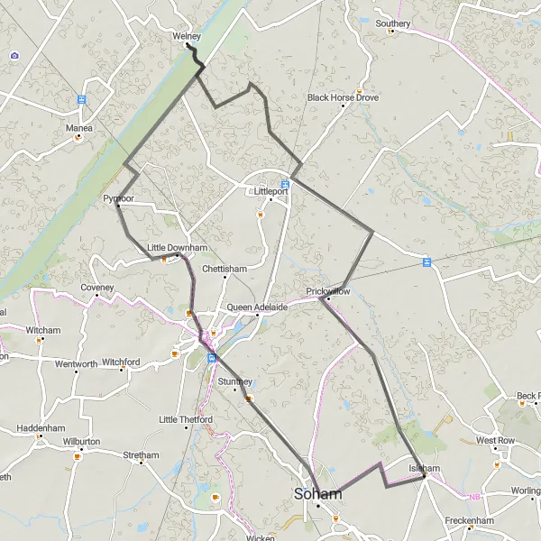 Map miniature of "Isleham and the Fens Loop" cycling inspiration in East Anglia, United Kingdom. Generated by Tarmacs.app cycling route planner