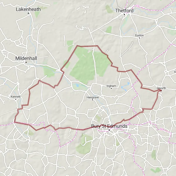 Map miniature of "The Gravel Tracks of Suffolk" cycling inspiration in East Anglia, United Kingdom. Generated by Tarmacs.app cycling route planner