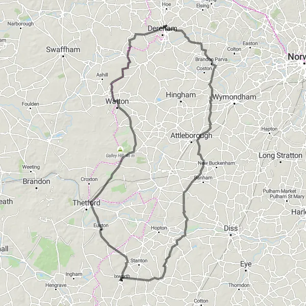 Map miniature of "Scenic Road Tour of East Anglia" cycling inspiration in East Anglia, United Kingdom. Generated by Tarmacs.app cycling route planner