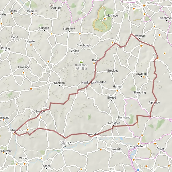 Map miniature of "East Anglian Gravel Challenge" cycling inspiration in East Anglia, United Kingdom. Generated by Tarmacs.app cycling route planner