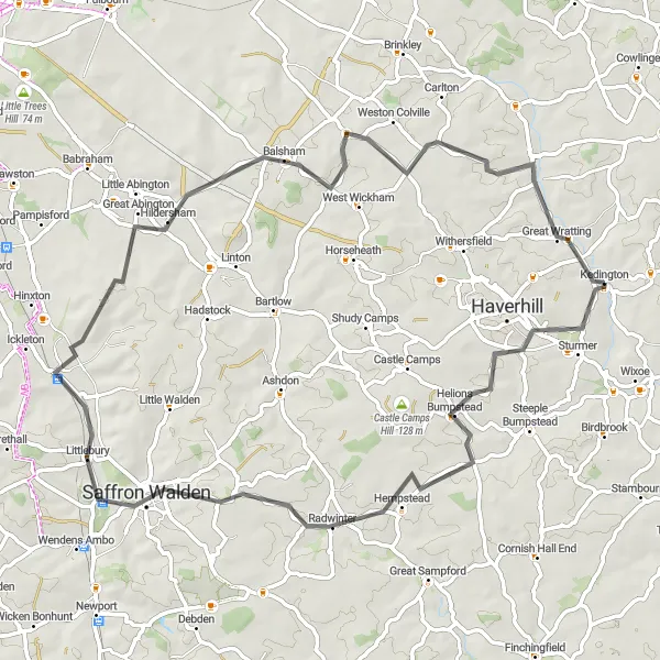 Map miniature of "Kedington and Surrounding Hills" cycling inspiration in East Anglia, United Kingdom. Generated by Tarmacs.app cycling route planner