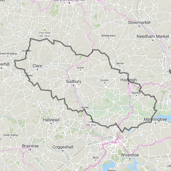 Map miniature of "Suffolk Hills and Valleys" cycling inspiration in East Anglia, United Kingdom. Generated by Tarmacs.app cycling route planner