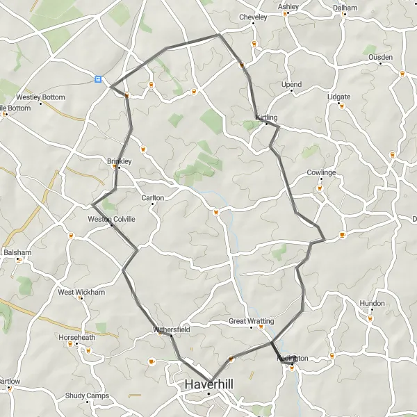 Map miniature of "Scenic Tour of Cambridgeshire" cycling inspiration in East Anglia, United Kingdom. Generated by Tarmacs.app cycling route planner