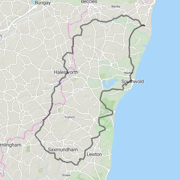 Map miniature of "Kessingland to Gisleham Loop" cycling inspiration in East Anglia, United Kingdom. Generated by Tarmacs.app cycling route planner
