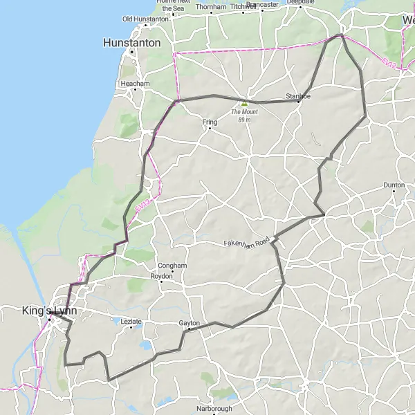 Map miniature of "Dersingham to West Winch" cycling inspiration in East Anglia, United Kingdom. Generated by Tarmacs.app cycling route planner