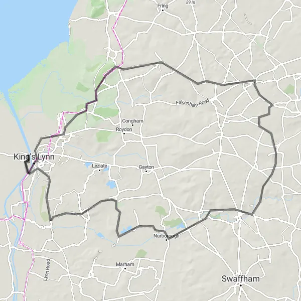Map miniature of "The Royal Road Adventure" cycling inspiration in East Anglia, United Kingdom. Generated by Tarmacs.app cycling route planner