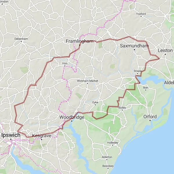 Map miniature of "Glorious Gravel" cycling inspiration in East Anglia, United Kingdom. Generated by Tarmacs.app cycling route planner