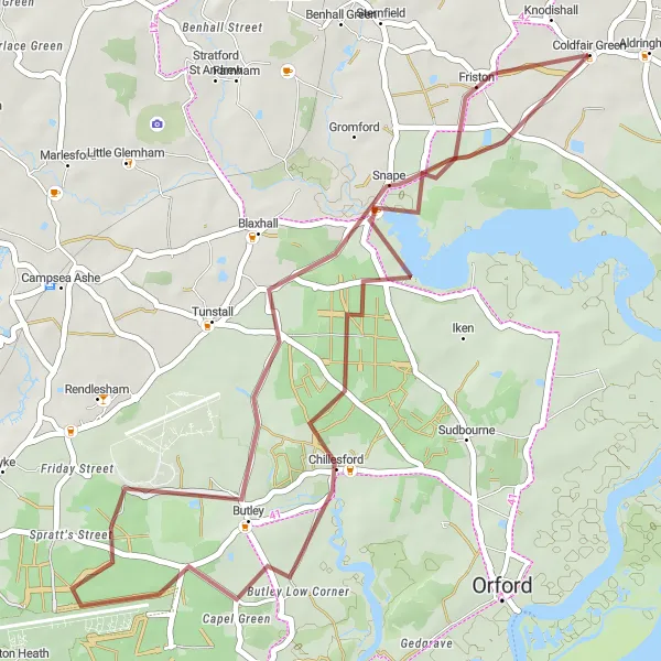 Map miniature of "Gravel Adventures in Suffolk" cycling inspiration in East Anglia, United Kingdom. Generated by Tarmacs.app cycling route planner