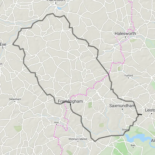 Map miniature of "Suffolk Escape" cycling inspiration in East Anglia, United Kingdom. Generated by Tarmacs.app cycling route planner