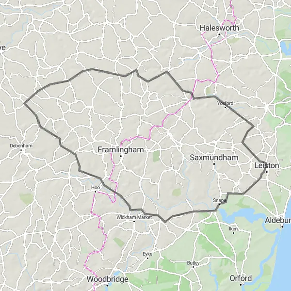 Map miniature of "Discover Suffolk's Countryside" cycling inspiration in East Anglia, United Kingdom. Generated by Tarmacs.app cycling route planner