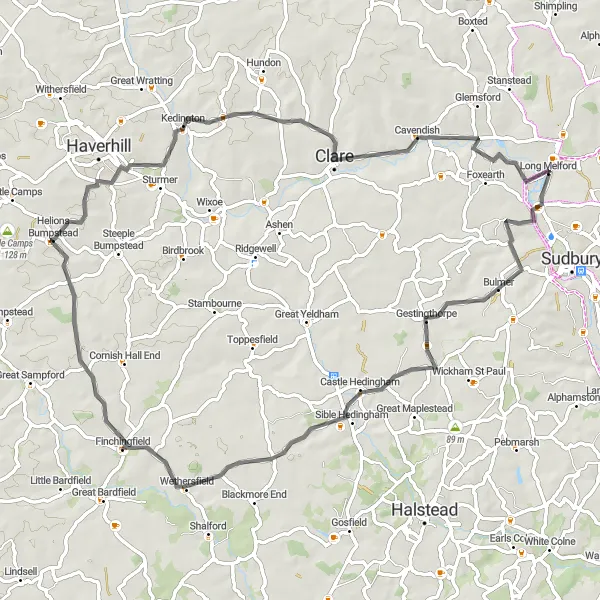 Map miniature of "The Gestingthorpe Loop" cycling inspiration in East Anglia, United Kingdom. Generated by Tarmacs.app cycling route planner