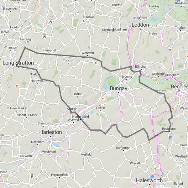 Map miniature of "Woodton Circular Route" cycling inspiration in East Anglia, United Kingdom. Generated by Tarmacs.app cycling route planner