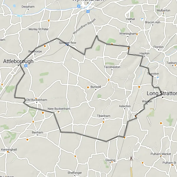 Map miniature of "Historic Villages Loop" cycling inspiration in East Anglia, United Kingdom. Generated by Tarmacs.app cycling route planner