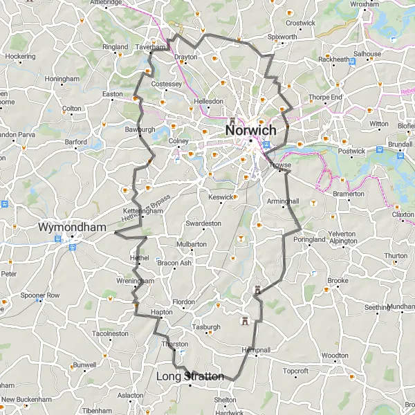 Map miniature of "Wandering through Wreningham" cycling inspiration in East Anglia, United Kingdom. Generated by Tarmacs.app cycling route planner