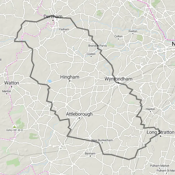 Map miniature of "Exploring the Countryside of New Buckenham" cycling inspiration in East Anglia, United Kingdom. Generated by Tarmacs.app cycling route planner