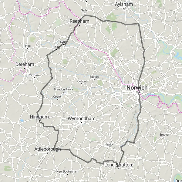 Map miniature of "Norwich Castle Museum Loop" cycling inspiration in East Anglia, United Kingdom. Generated by Tarmacs.app cycling route planner