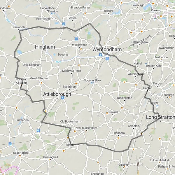 Map miniature of "The Norfolk Delight" cycling inspiration in East Anglia, United Kingdom. Generated by Tarmacs.app cycling route planner