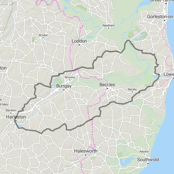 Map miniature of "The Coastal Circuit" cycling inspiration in East Anglia, United Kingdom. Generated by Tarmacs.app cycling route planner