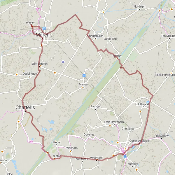 Map miniature of "The Fenland Gravel Grind" cycling inspiration in East Anglia, United Kingdom. Generated by Tarmacs.app cycling route planner