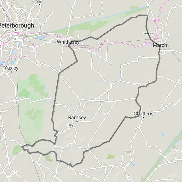 Map miniature of "Conquering the Fenland Hills" cycling inspiration in East Anglia, United Kingdom. Generated by Tarmacs.app cycling route planner