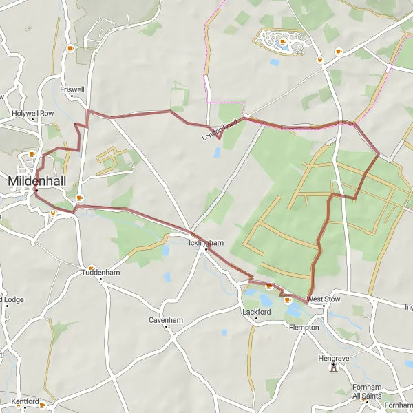Map miniature of "Eriswell Gravel Loop" cycling inspiration in East Anglia, United Kingdom. Generated by Tarmacs.app cycling route planner