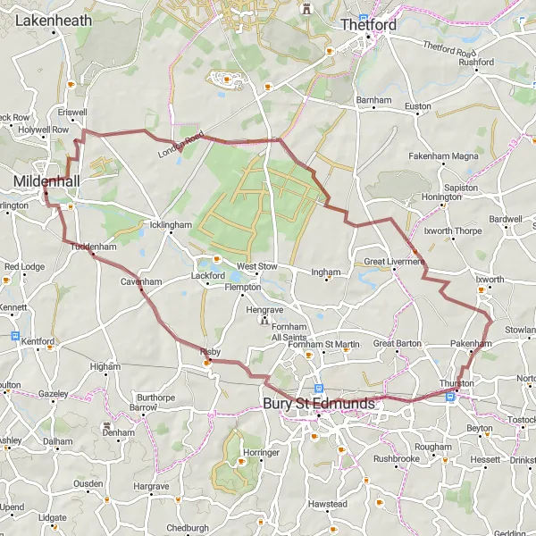 Map miniature of "Eriswell and Beyond Gravel Adventure" cycling inspiration in East Anglia, United Kingdom. Generated by Tarmacs.app cycling route planner