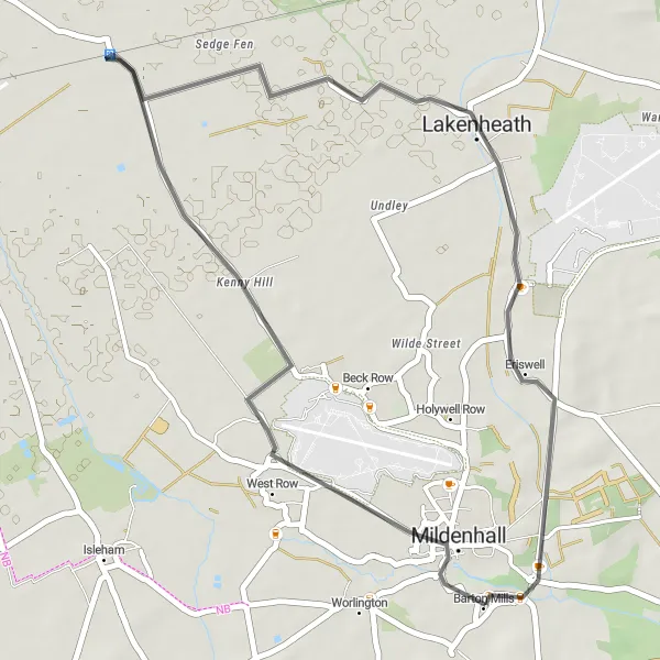 Map miniature of "Mildenhall Road Adventure" cycling inspiration in East Anglia, United Kingdom. Generated by Tarmacs.app cycling route planner