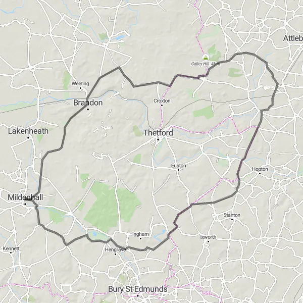Map miniature of "Mildenhall Epic Road Ride" cycling inspiration in East Anglia, United Kingdom. Generated by Tarmacs.app cycling route planner