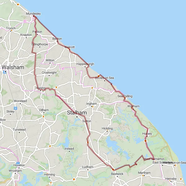 Map miniature of "Grazing Gravel in Norfolk" cycling inspiration in East Anglia, United Kingdom. Generated by Tarmacs.app cycling route planner