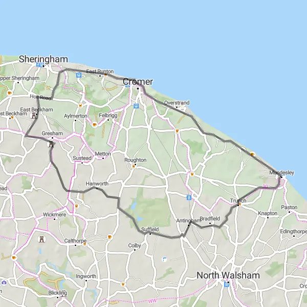 Map miniature of "Coastal Delight" cycling inspiration in East Anglia, United Kingdom. Generated by Tarmacs.app cycling route planner