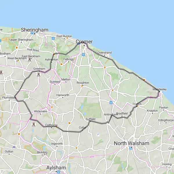 Map miniature of "Norfolk Coastal Experience" cycling inspiration in East Anglia, United Kingdom. Generated by Tarmacs.app cycling route planner