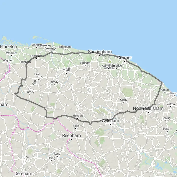Map miniature of "North Norfolk Escapade" cycling inspiration in East Anglia, United Kingdom. Generated by Tarmacs.app cycling route planner